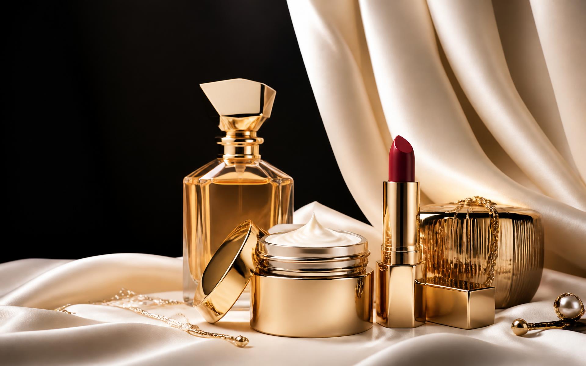 Perfume bottle, cream jar and lipstick arranged on ivory silk