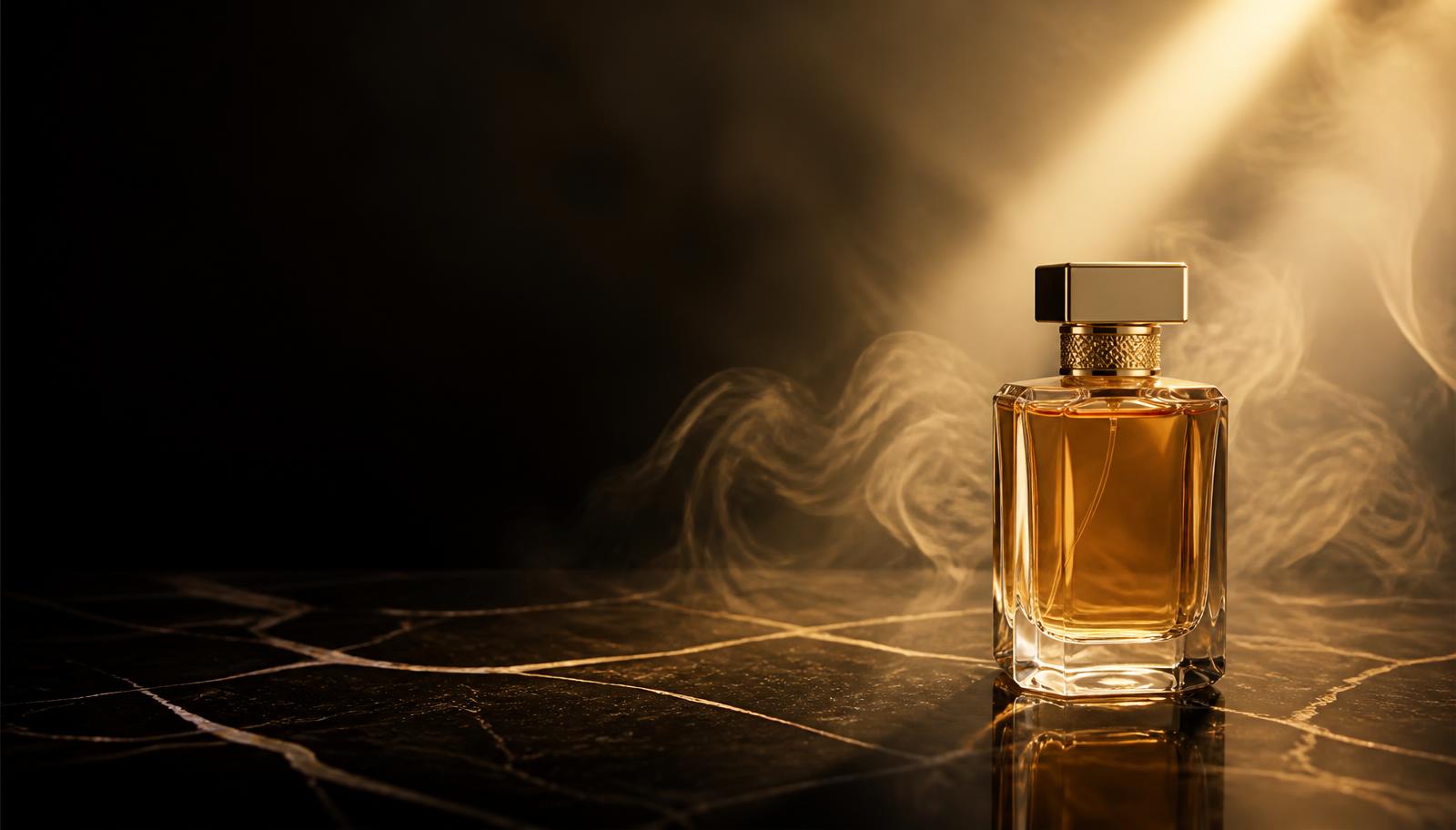 Amber perfume bottle on dark marble